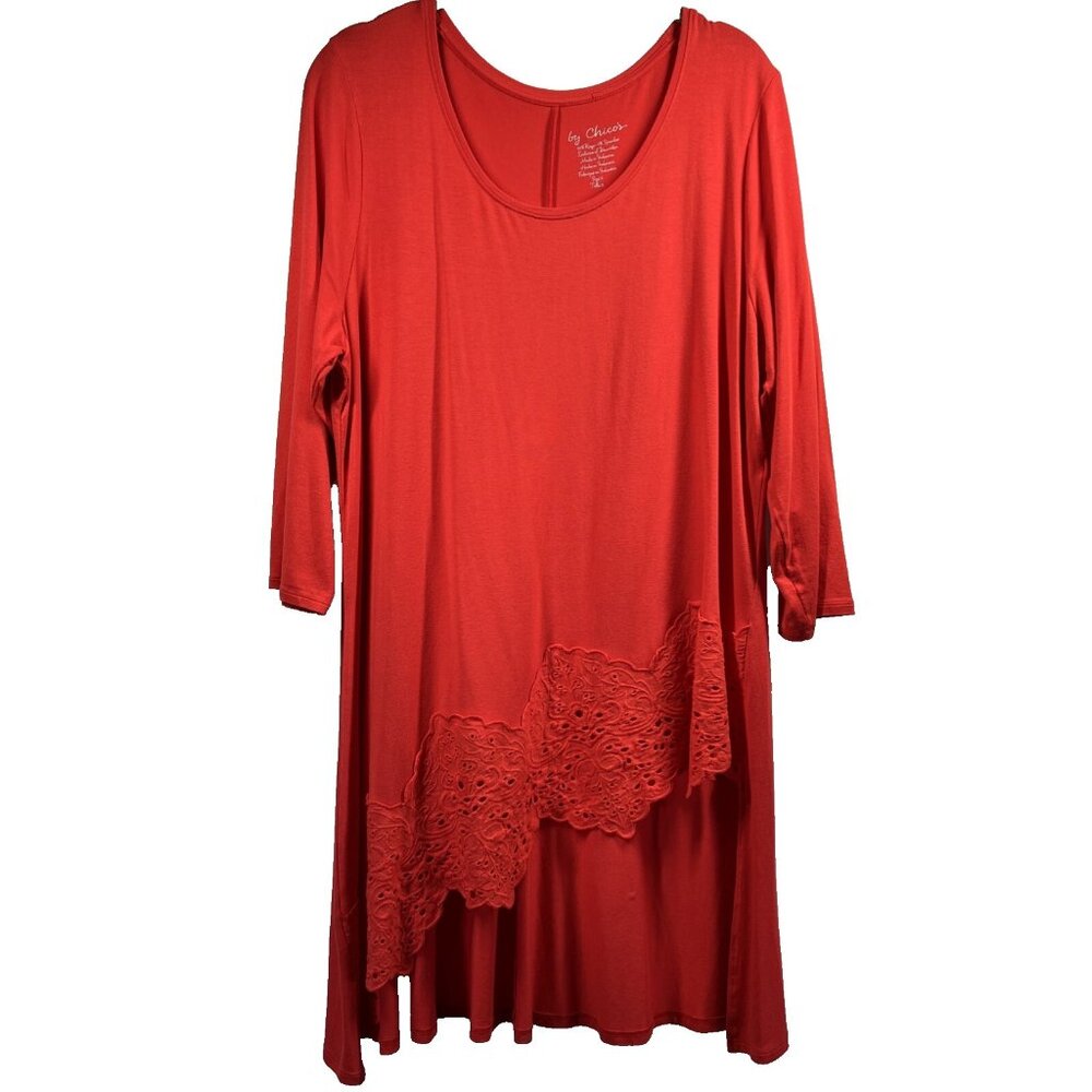 Chicos Women's Tunic Top Size Large Solid Orange Eyelet‎ Trim Hi Lo Hem Pullover
